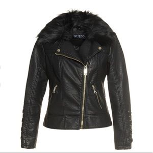 Guess Faux Leather Jacket-Faux Fur Trimmed Collar